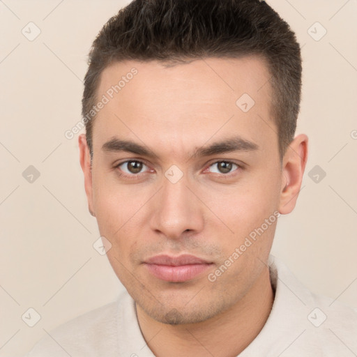 Neutral white young-adult male with short  brown hair and brown eyes