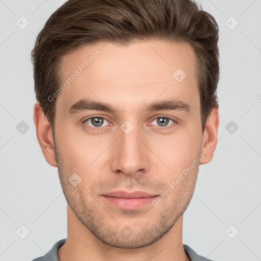 Neutral white young-adult male with short  brown hair and brown eyes