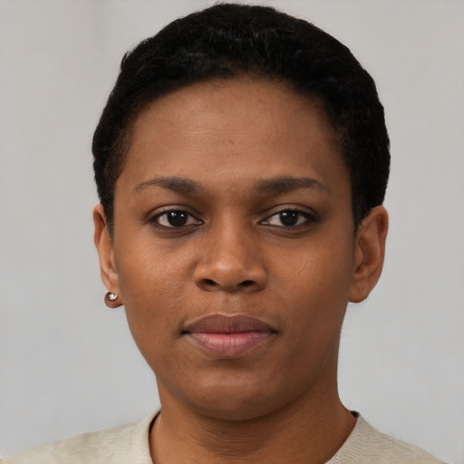 Neutral black young-adult female with short  black hair and brown eyes