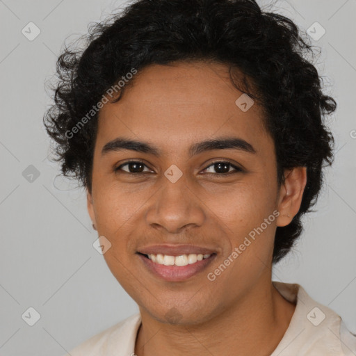 Joyful latino young-adult female with short  black hair and brown eyes