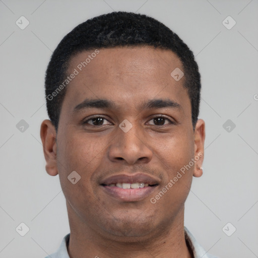 Joyful latino young-adult male with short  brown hair and brown eyes