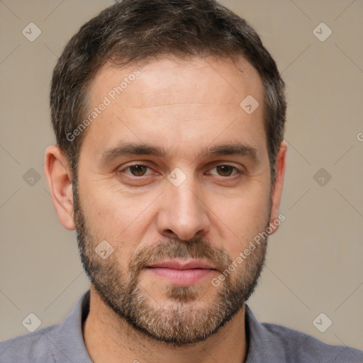 Neutral white adult male with short  brown hair and brown eyes