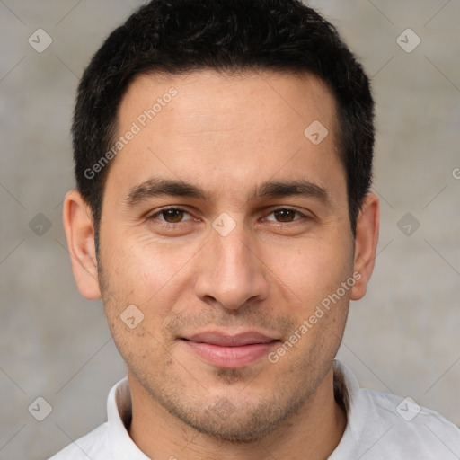 Joyful white young-adult male with short  brown hair and brown eyes