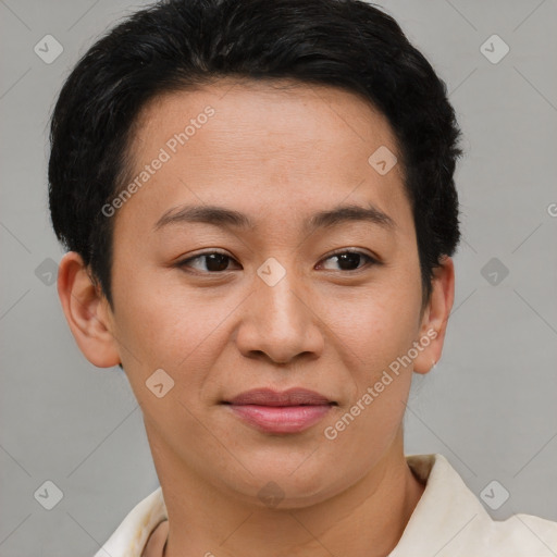 Joyful asian young-adult female with short  brown hair and brown eyes