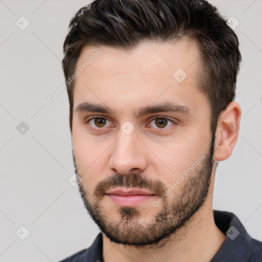 Neutral white young-adult male with short  brown hair and brown eyes