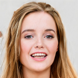 Joyful white young-adult female with long  brown hair and blue eyes