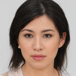 Neutral asian young-adult female with medium  brown hair and brown eyes