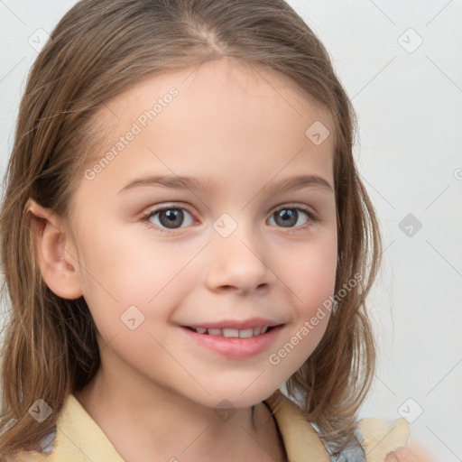 Joyful white child female with medium  brown hair and brown eyes