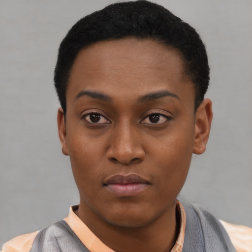 Neutral latino young-adult female with short  black hair and brown eyes