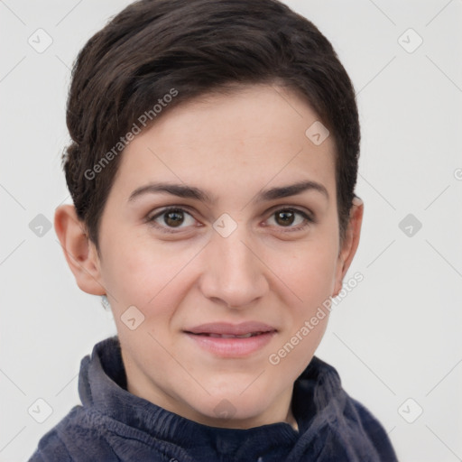 Joyful white young-adult female with short  brown hair and brown eyes