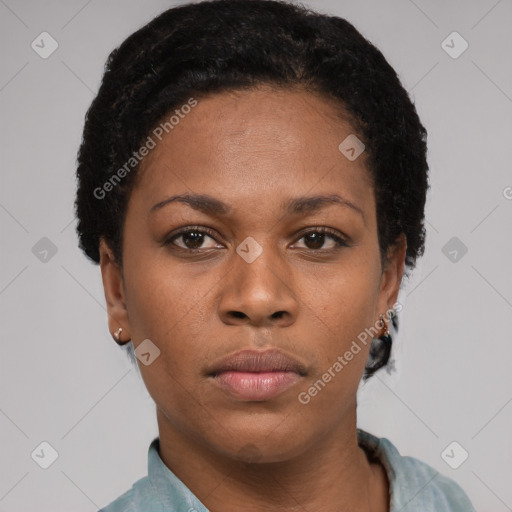 Neutral black young-adult female with short  black hair and brown eyes