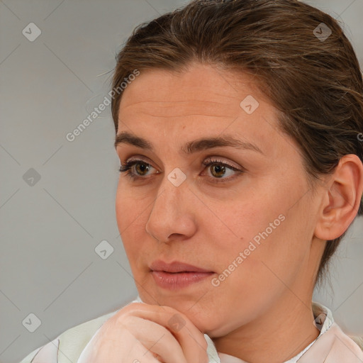 Neutral white young-adult female with medium  brown hair and brown eyes