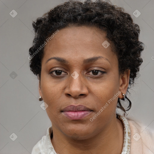 Joyful black adult female with short  brown hair and brown eyes