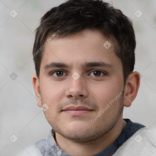 Neutral white young-adult male with short  brown hair and brown eyes