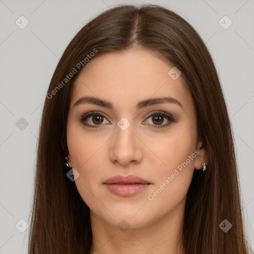 Neutral white young-adult female with long  brown hair and brown eyes