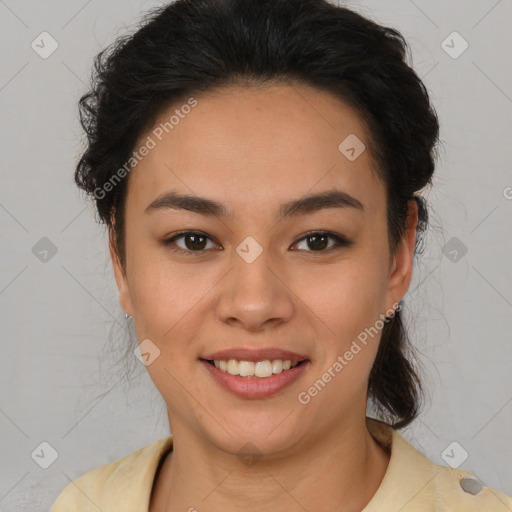 Joyful latino young-adult female with short  brown hair and brown eyes