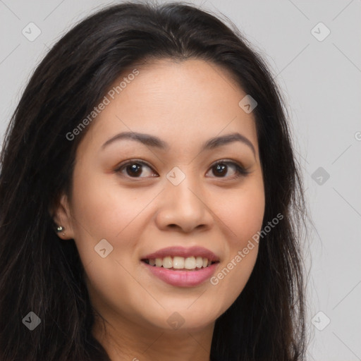 Joyful white young-adult female with long  brown hair and brown eyes