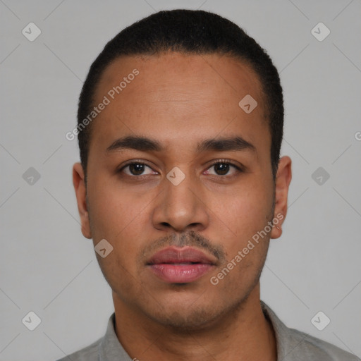 Neutral latino young-adult male with short  black hair and brown eyes