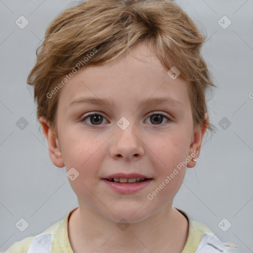 Joyful white child female with short  brown hair and brown eyes