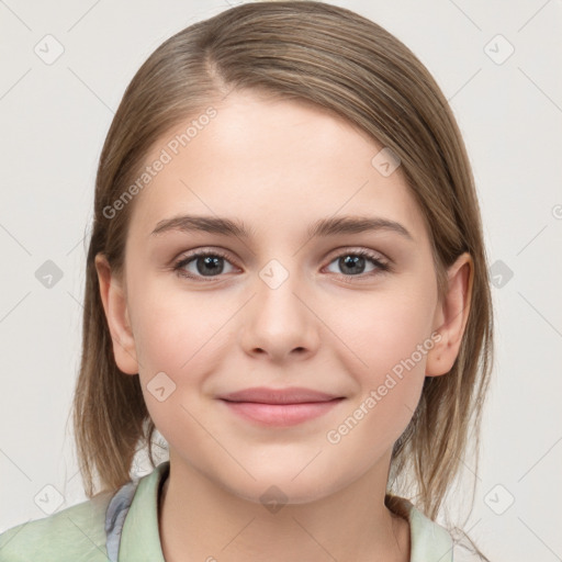 Joyful white young-adult female with medium  brown hair and grey eyes