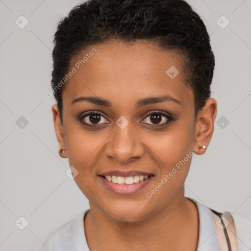 Joyful black young-adult female with short  brown hair and brown eyes