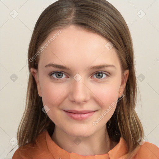 Joyful white child female with medium  brown hair and brown eyes