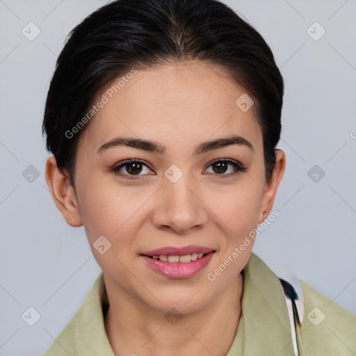 Joyful white young-adult female with medium  brown hair and brown eyes