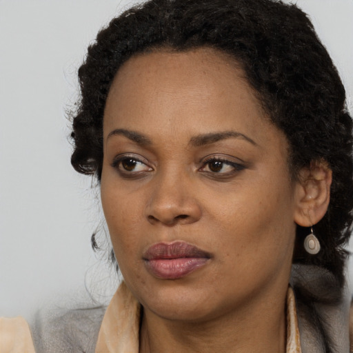 Joyful black adult female with long  black hair and brown eyes