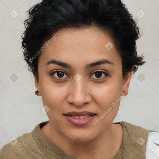 Joyful latino young-adult female with short  brown hair and brown eyes