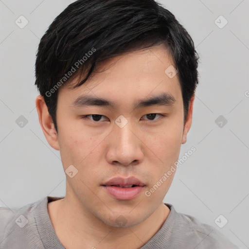 Neutral asian young-adult male with short  black hair and brown eyes