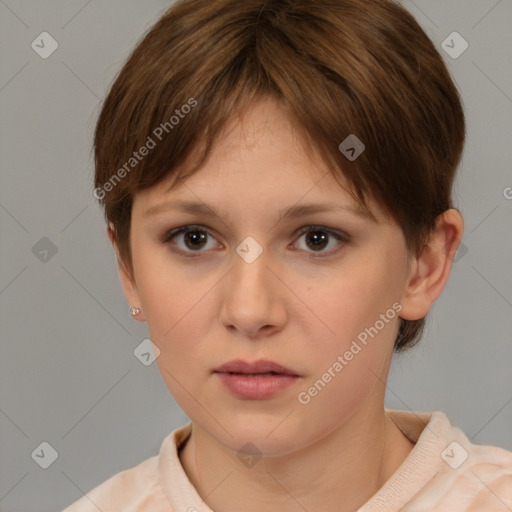 Neutral white young-adult female with short  brown hair and brown eyes