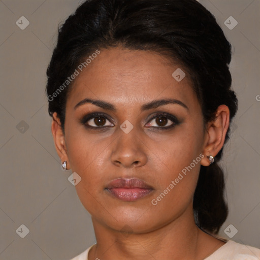 Neutral black young-adult female with short  brown hair and brown eyes