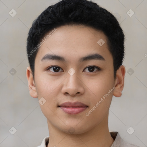 Joyful asian young-adult male with short  black hair and brown eyes