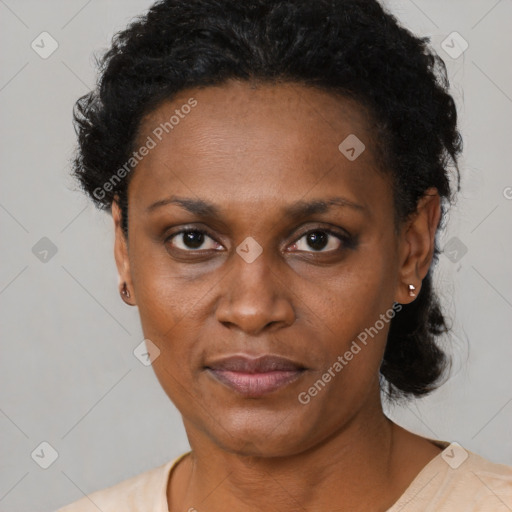 Neutral black adult female with short  black hair and brown eyes