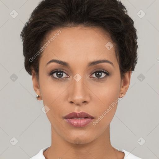 Neutral white young-adult female with short  brown hair and brown eyes