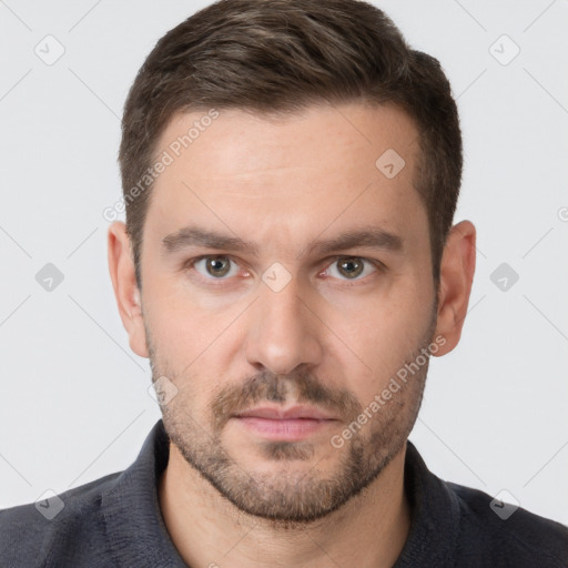 Neutral white young-adult male with short  brown hair and grey eyes