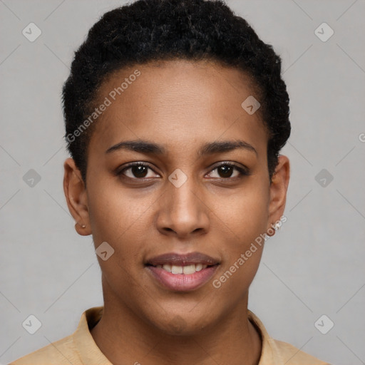 Joyful black young-adult female with short  brown hair and brown eyes