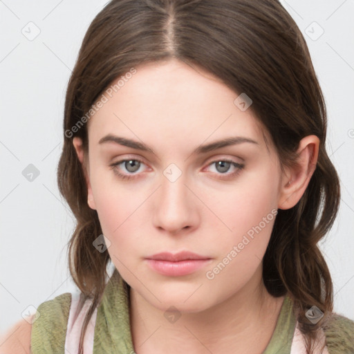 Neutral white young-adult female with medium  brown hair and brown eyes