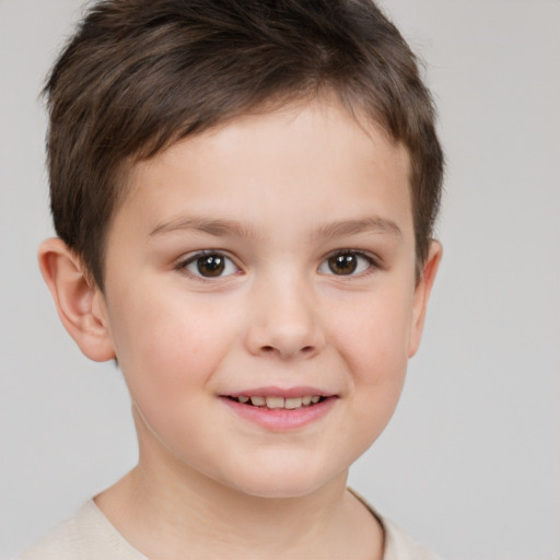 Joyful white child female with short  brown hair and brown eyes