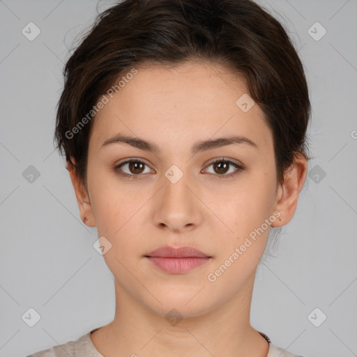 Neutral white young-adult female with short  brown hair and brown eyes