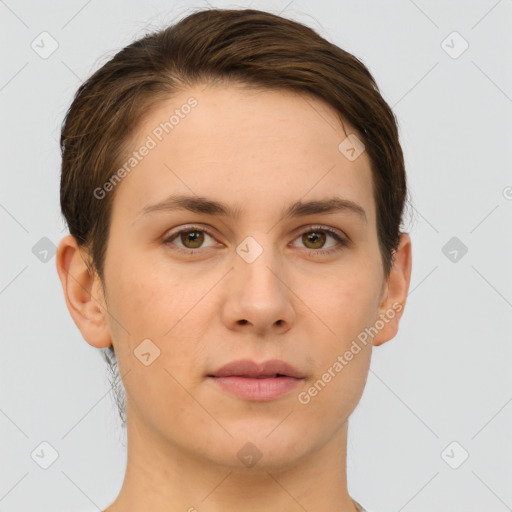 Neutral white young-adult female with short  brown hair and brown eyes