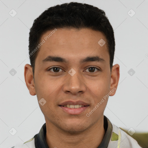 Joyful latino young-adult male with short  brown hair and brown eyes