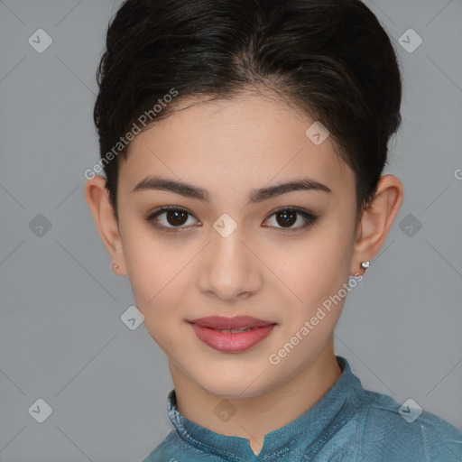 Joyful white young-adult female with medium  brown hair and brown eyes