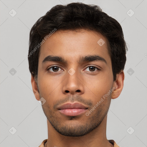 Neutral asian young-adult male with short  black hair and brown eyes