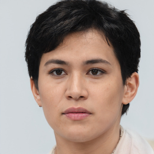 Joyful asian young-adult female with short  brown hair and brown eyes