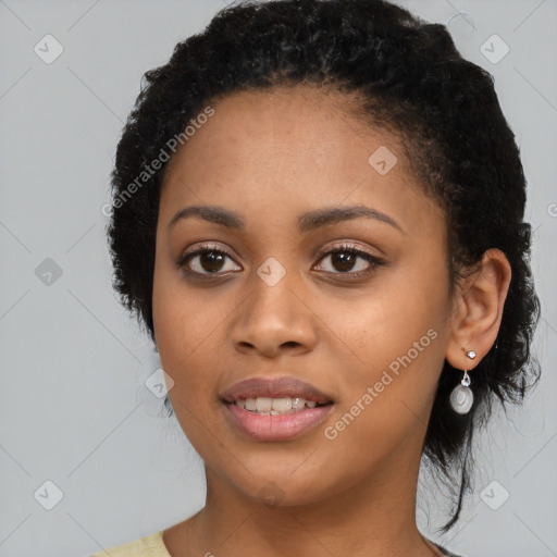 Joyful latino young-adult female with short  black hair and brown eyes