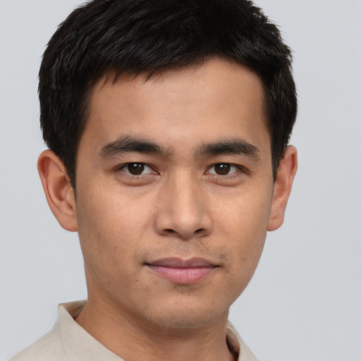 Neutral asian young-adult male with short  brown hair and brown eyes