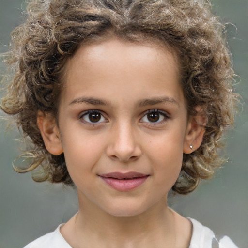 Joyful white child female with medium  brown hair and brown eyes