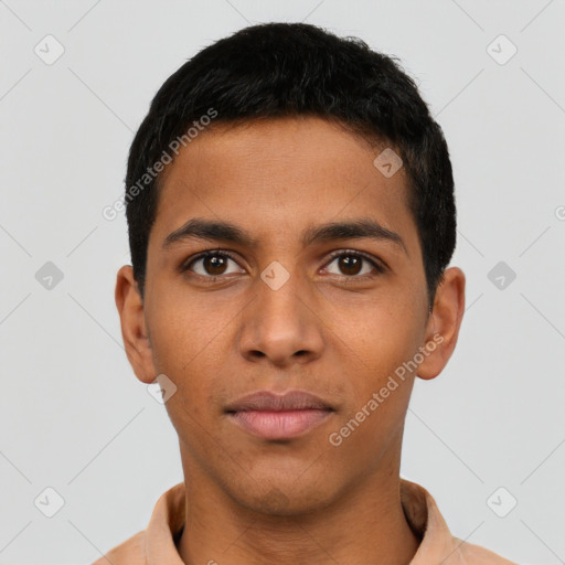 Neutral latino young-adult male with short  brown hair and brown eyes