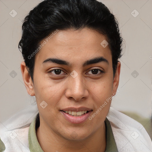 Joyful latino young-adult female with short  brown hair and brown eyes